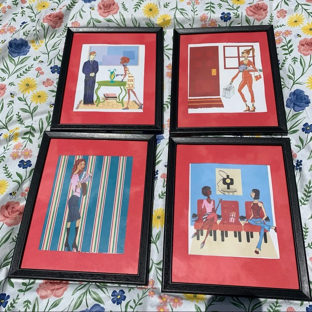 4pc Female Figure Framed Art Pieces Home Decor Red Matted Wall decor